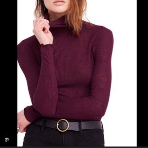 Free people Make It Easy Thermal Long Sleeve High Neck Shirt Top Burgundy MD